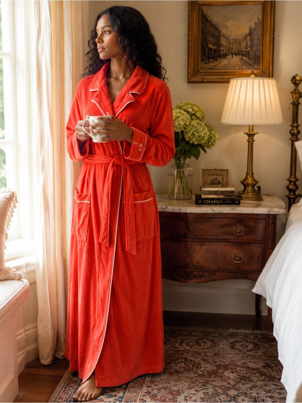 Vintage Pierre Cardin Velour Maxi Robe Coral Red White Piping Made USA